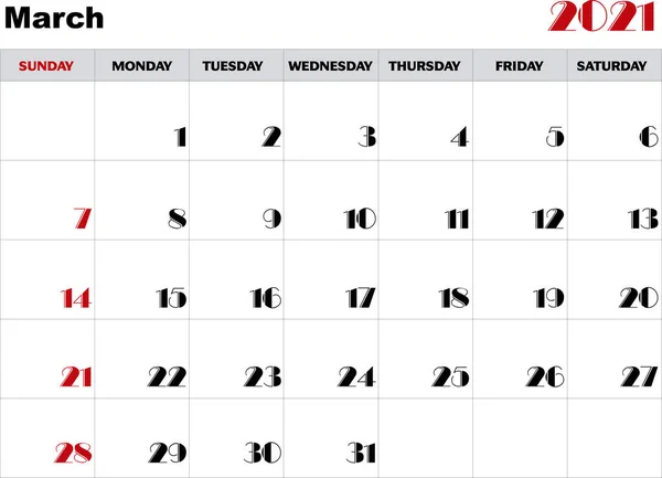 Calendar Month March 2021 Vector — Stock Vector
