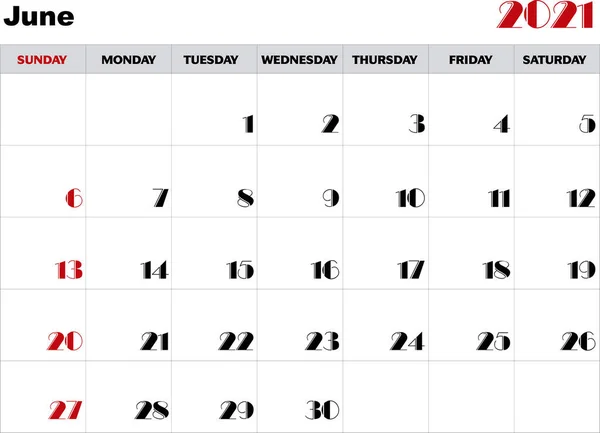 Calendario Mese Giugno 2021 Vettore — Vettoriale Stock