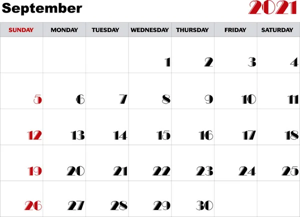 Calendar Month September 2021 Vector — Stock Vector