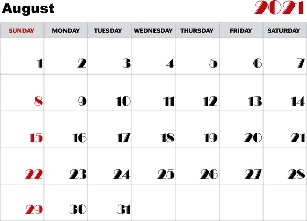 Calendario Mese Agosto 2021 Vettore — Vettoriale Stock