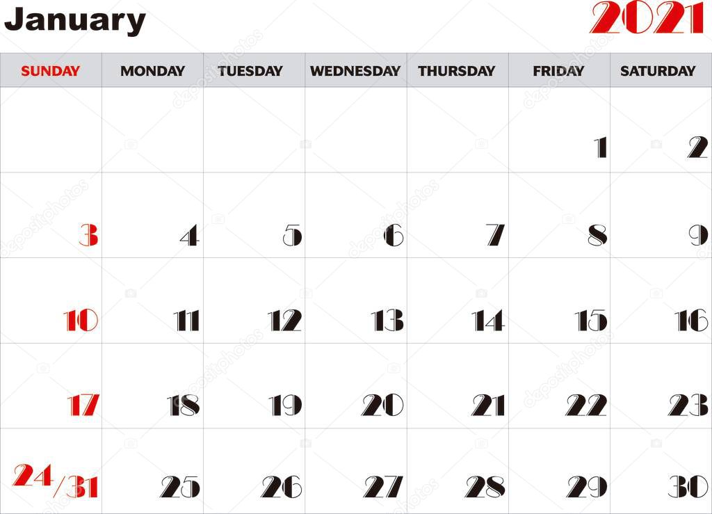 Calendar month January 2021 Vector
