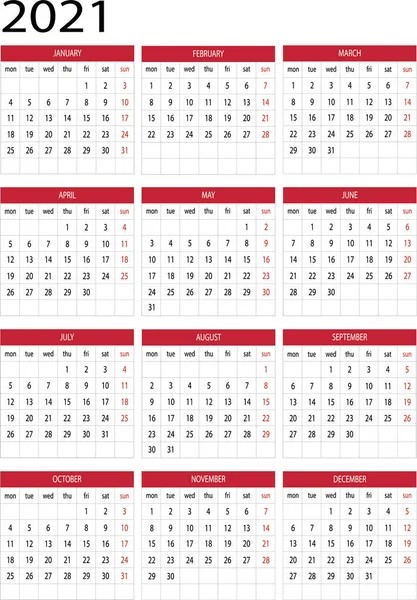 カレンダー2021のデザインベクトル — ストックベクタ