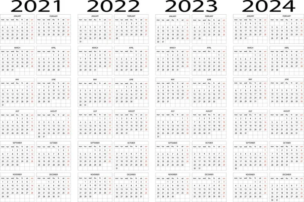 Rok Kalendarzowy 2021 2022 2023 2024 — Wektor stockowy