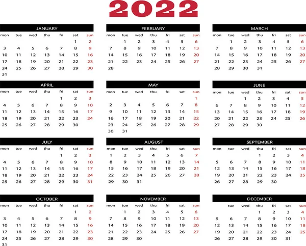 Año Civil 2022 Inglés — Archivo Imágenes Vectoriales