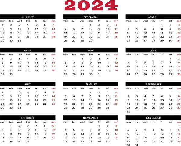 Calendario Anno 2024 Inglese — Vettoriale Stock