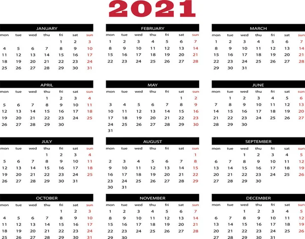 Kalenderjaar 2021 Het Engels — Stockvector