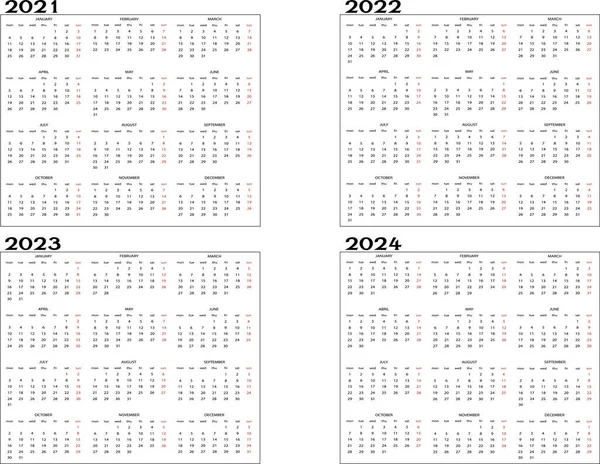 Calendario Anno 2021 2022 2023 2024 — Vettoriale Stock