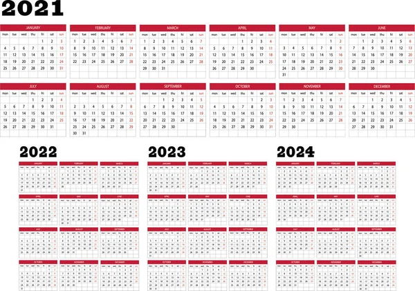 Calendario Anno 2021 2022 2023 2024 — Vettoriale Stock