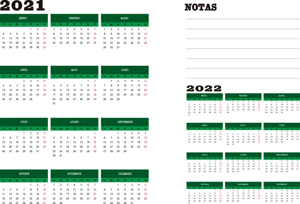 Calendario Anno 2021 Con Note — Vettoriale Stock