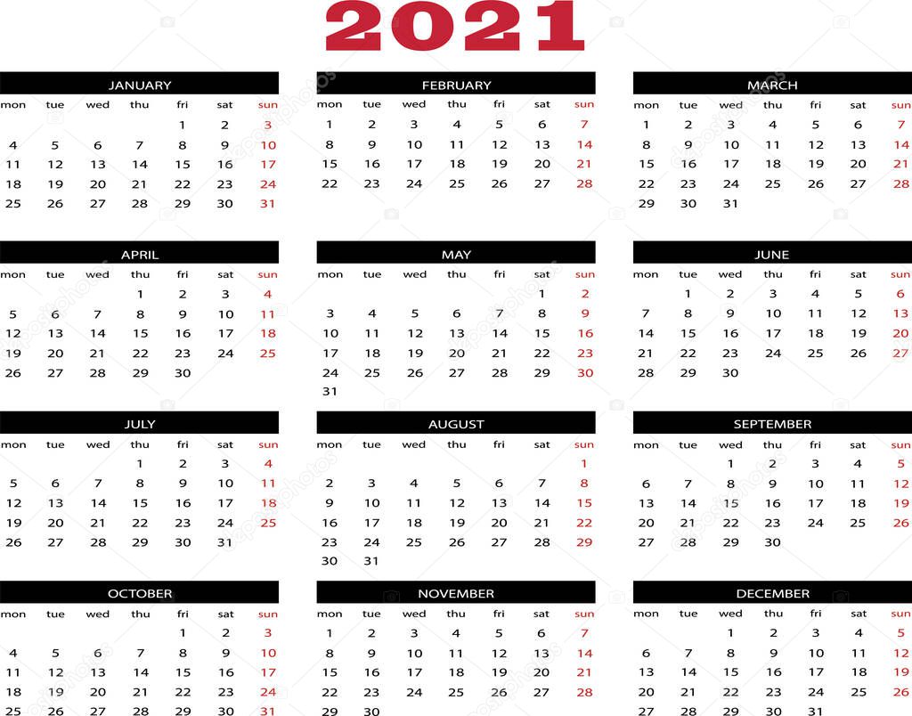Calendar year 2021 in english