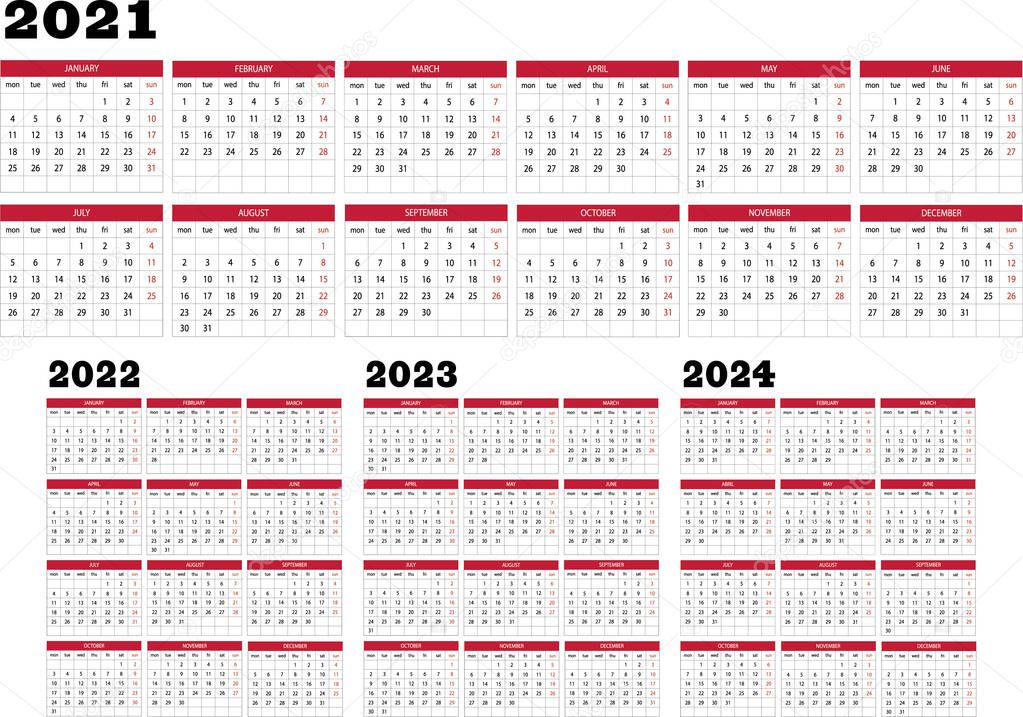 Calendar year 2021 2022 2023 2024