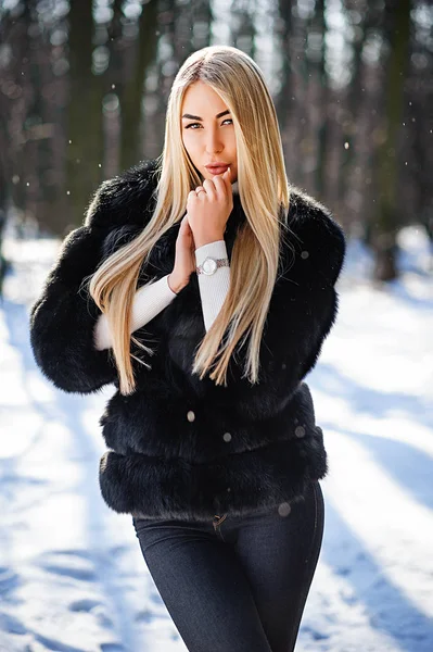 Meisje Een Zwarte Pluizig Bontjas Het Winter Forest — Stockfoto