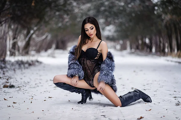 Brunette Black Body Fur Coat Winter Forest — Stock Photo, Image