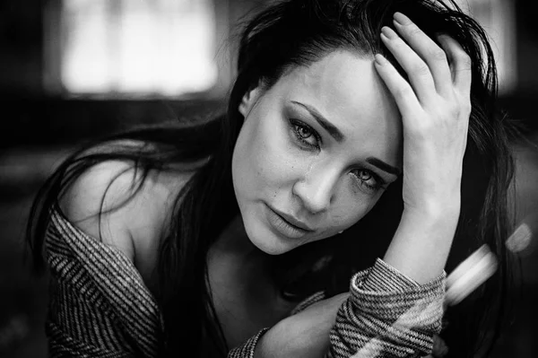 Girl Suffers Cries Portrait Black White — Stock Photo, Image