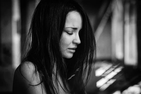 Girl Suffers Cries Portrait Black White — Stock Photo, Image