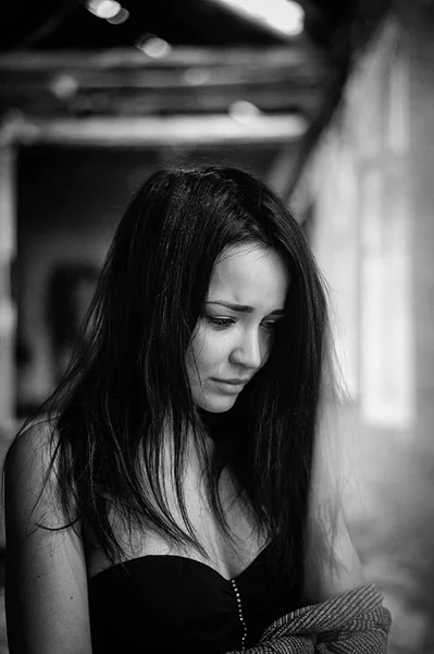 Girl Suffers Cries Portrait Black White — Stock Photo, Image