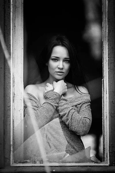 Girl Suffers Cries Portrait Black White — Stock Photo, Image