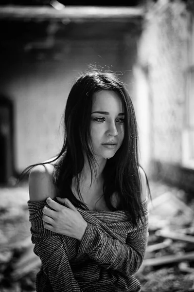 Girl Suffers Cries Portrait Black White — Stock Photo, Image