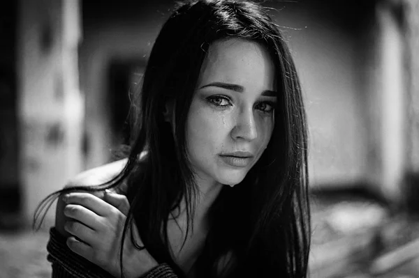 Girl Suffers Cries Portrait Black White — Stock Photo, Image