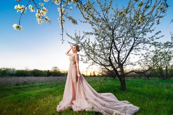 Beautiful Blonde Dress Flowering Trees — Stock Photo, Image