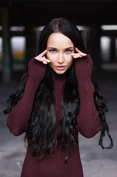 Brunette Burgundy Knitted Sweater Walks Autumn Forest Brunette Abandoned Building — Stock Photo, Image