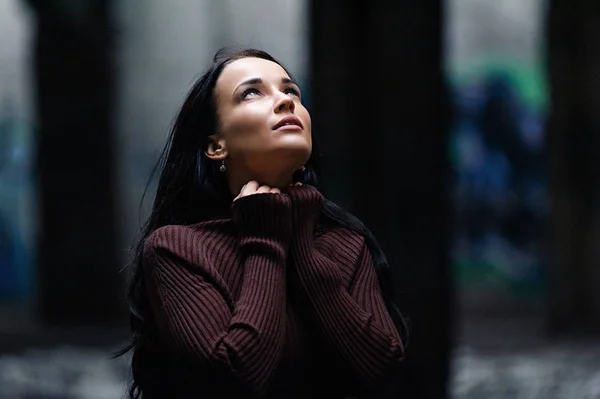 Brunette Burgundy Knitted Sweater Walks Autumn Forest Brunette Abandoned Building — Stock Photo, Image