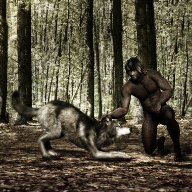 İlkel bir adam kurt ile 3D çizimi