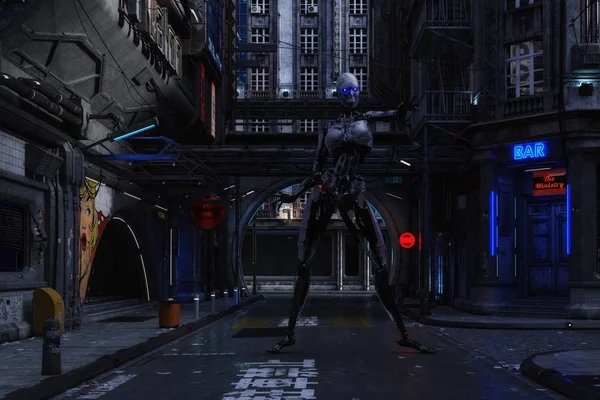 Ilustración 3D de una escena urbana futurista con Cyborg — Foto de Stock