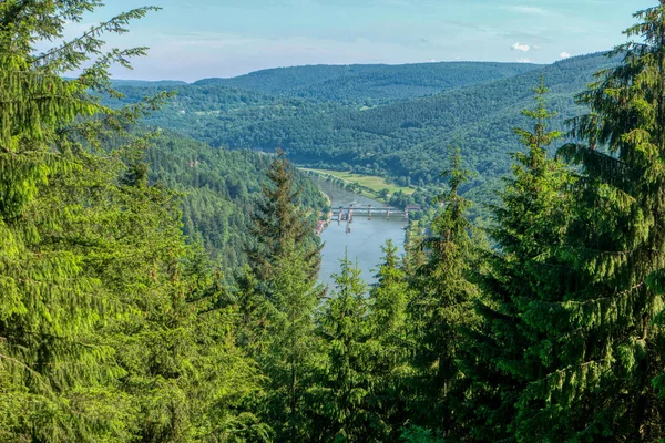 Paisagem florestal ao longo da caminhada de longa distância Neckarsteig trai — Fotografia de Stock