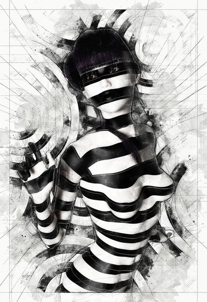 Digital 3D-illustrasjon av en kvinne i svart og hvitt stockfoto