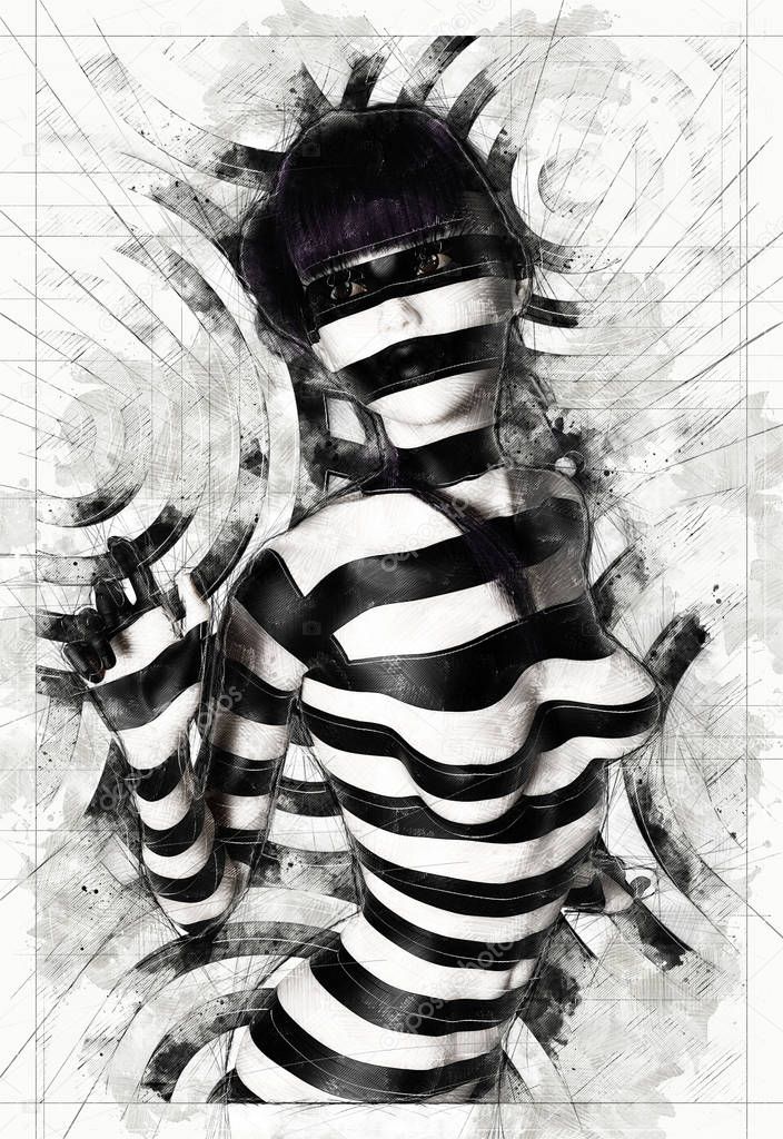 Digital 3D Illustration of a Female in Black and White