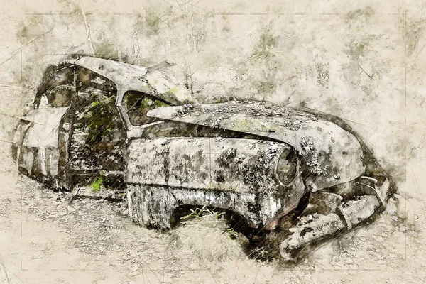 Digital konstnärlig skiss av en skrot bil — Stockfoto