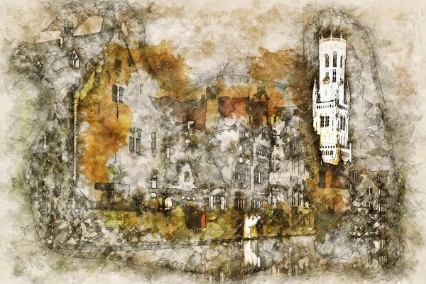 Digitale künstlerische Skizze einer Szene in Brügge — Stockfoto