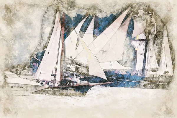 Yelkenli Gemilerin Dijital Sanatsal Krokisi — Stok fotoğraf