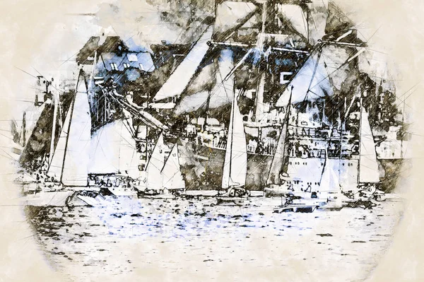 Digitale künstlerische Skizze von Segelschiffen — Stockfoto