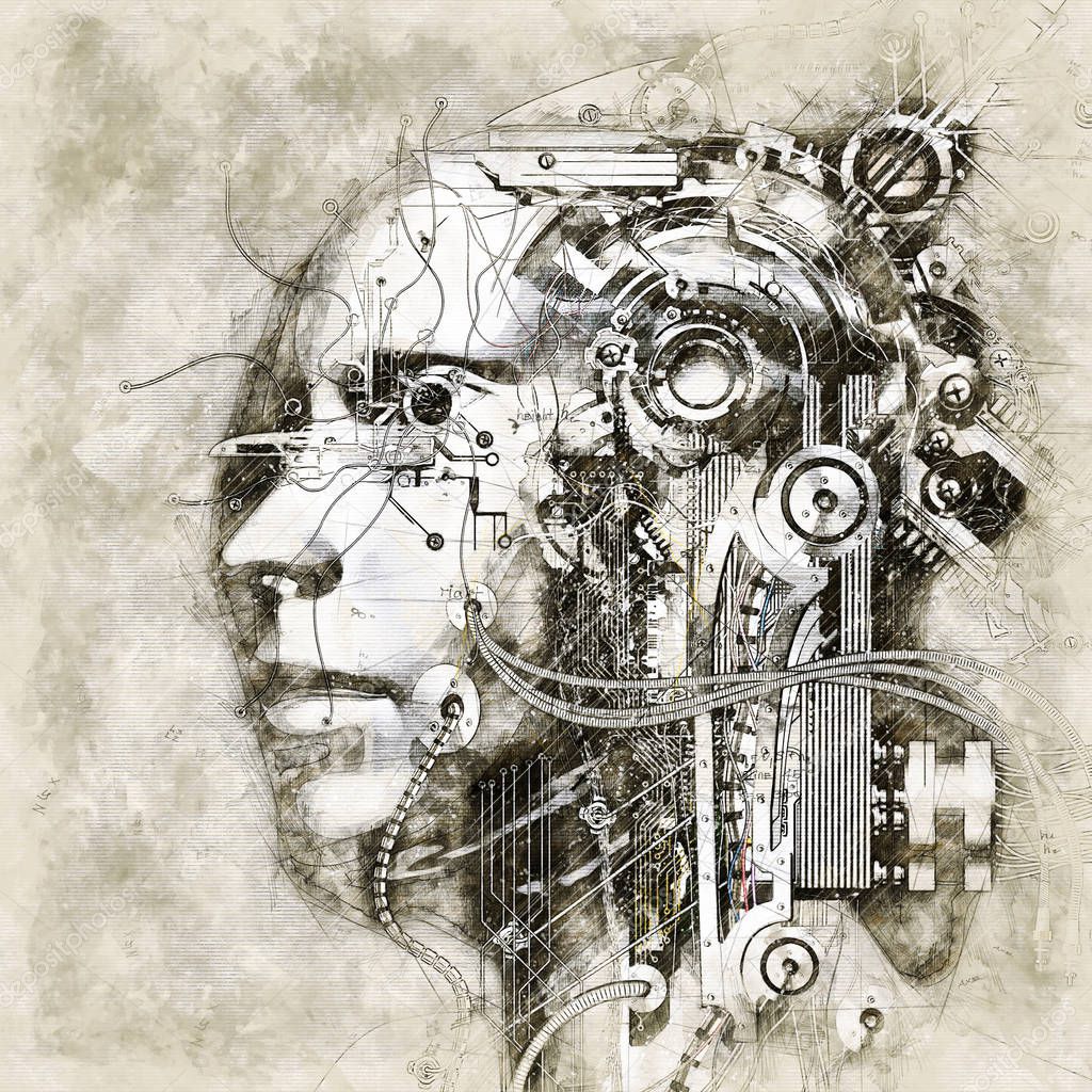 Digital artistic Sketch of a Cyborg