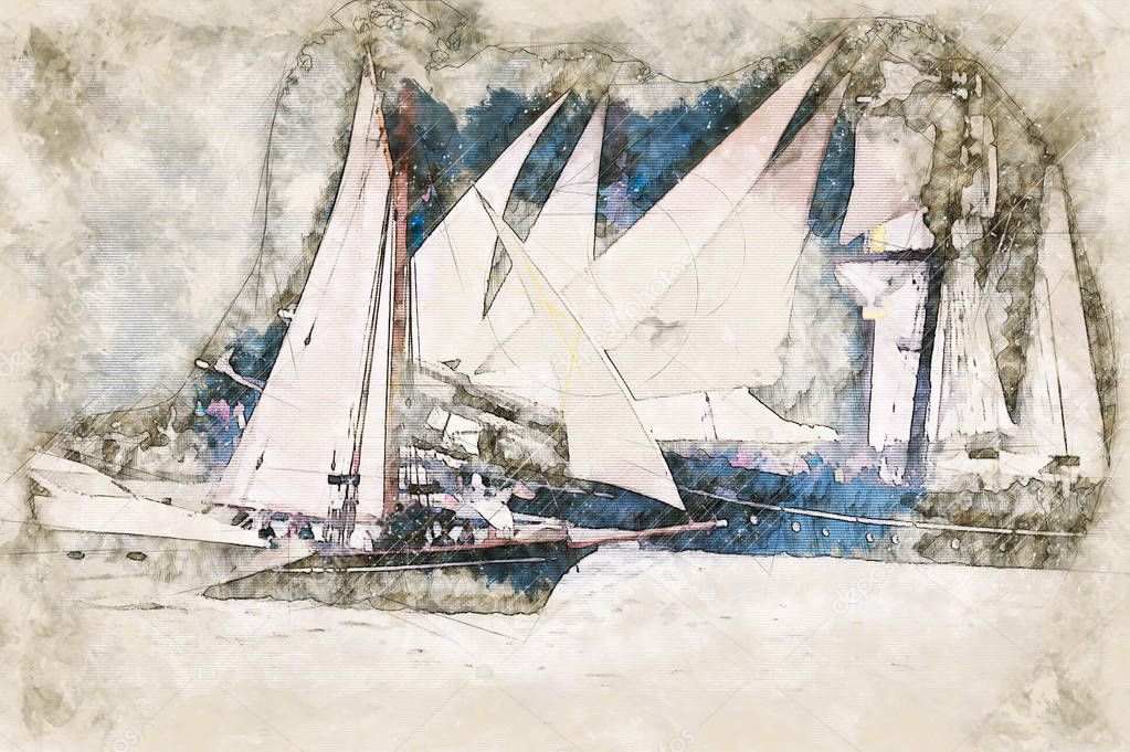 Digital artistic Sketch of Sailing Ships