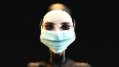 Sanatsal dijital resim olarak koruyucu maskeli bir kadının üç boyutlu görüntüsü