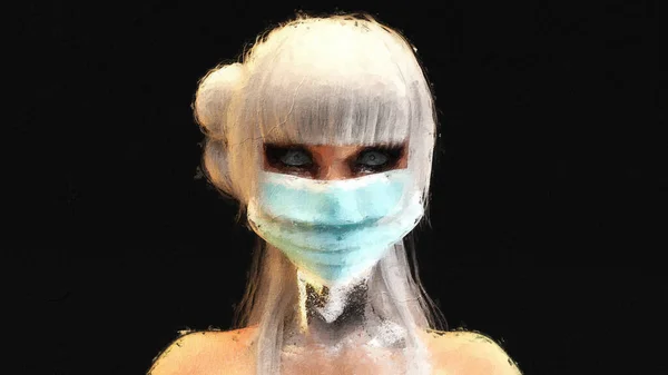 Ілюстрація Жіночого Обличчя Захисною Маскою Художній Цифровий Живопис — стокове фото