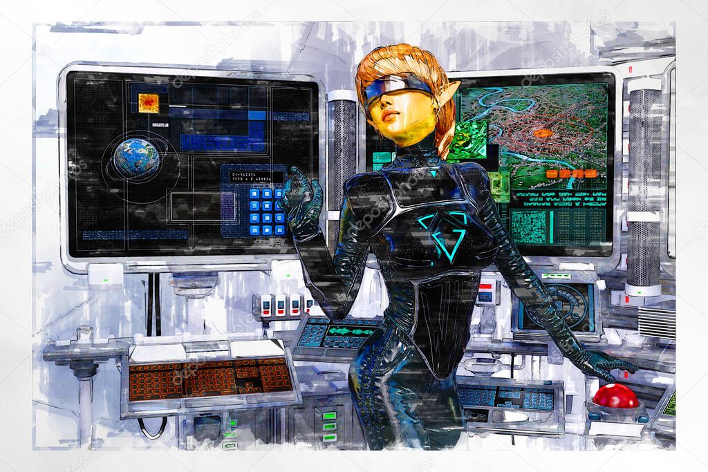 Artistic 3D illustration of a science-fiction female