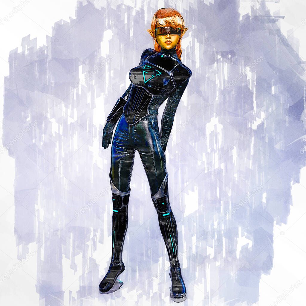 Artistic 3D illustration of a science-fiction female