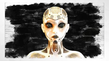 Dişi bir sayborgun sanatsal üç boyutlu çizimi