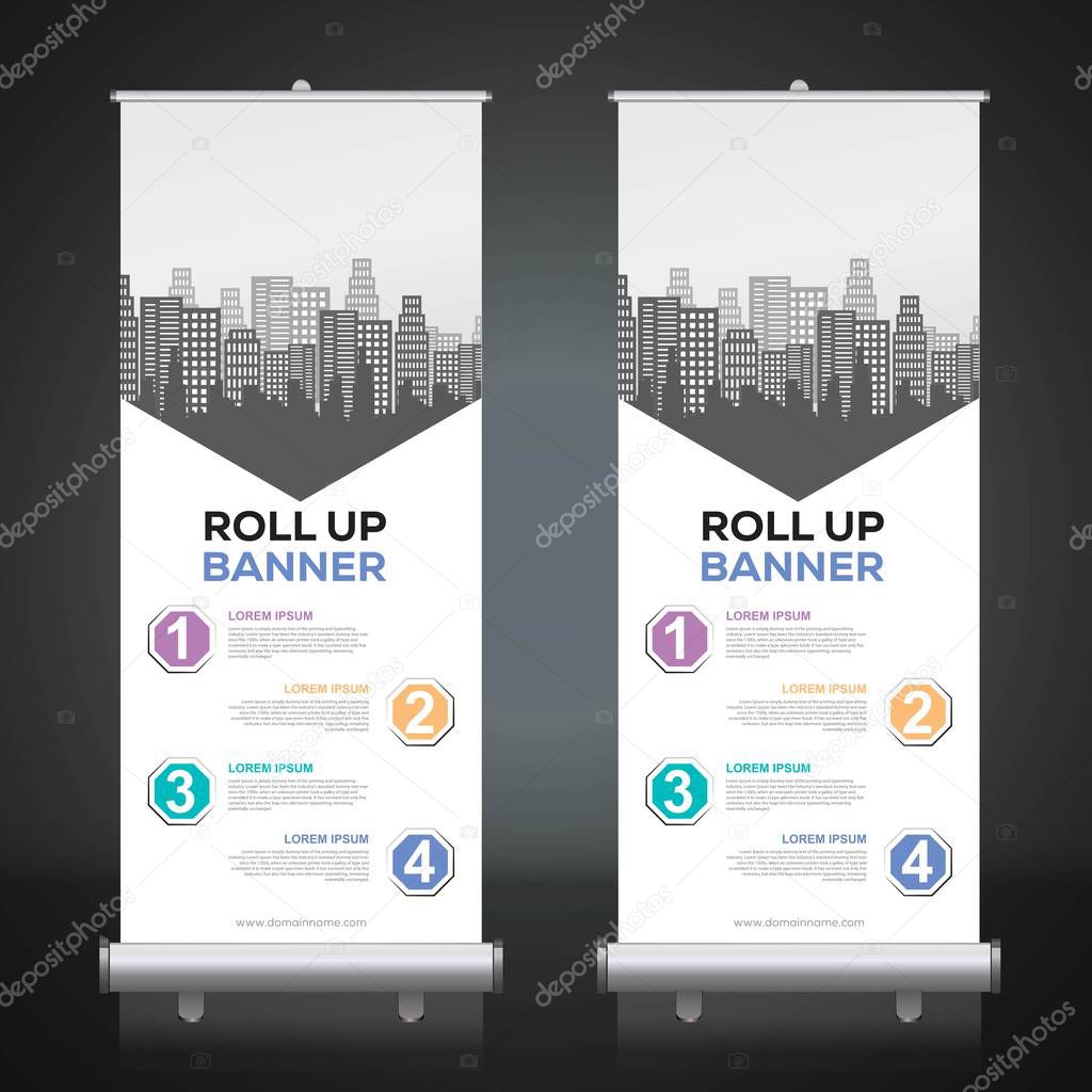 Roll up banner design template, vertical, abstract background, pull up design, modern x-banner, rectangle size. 