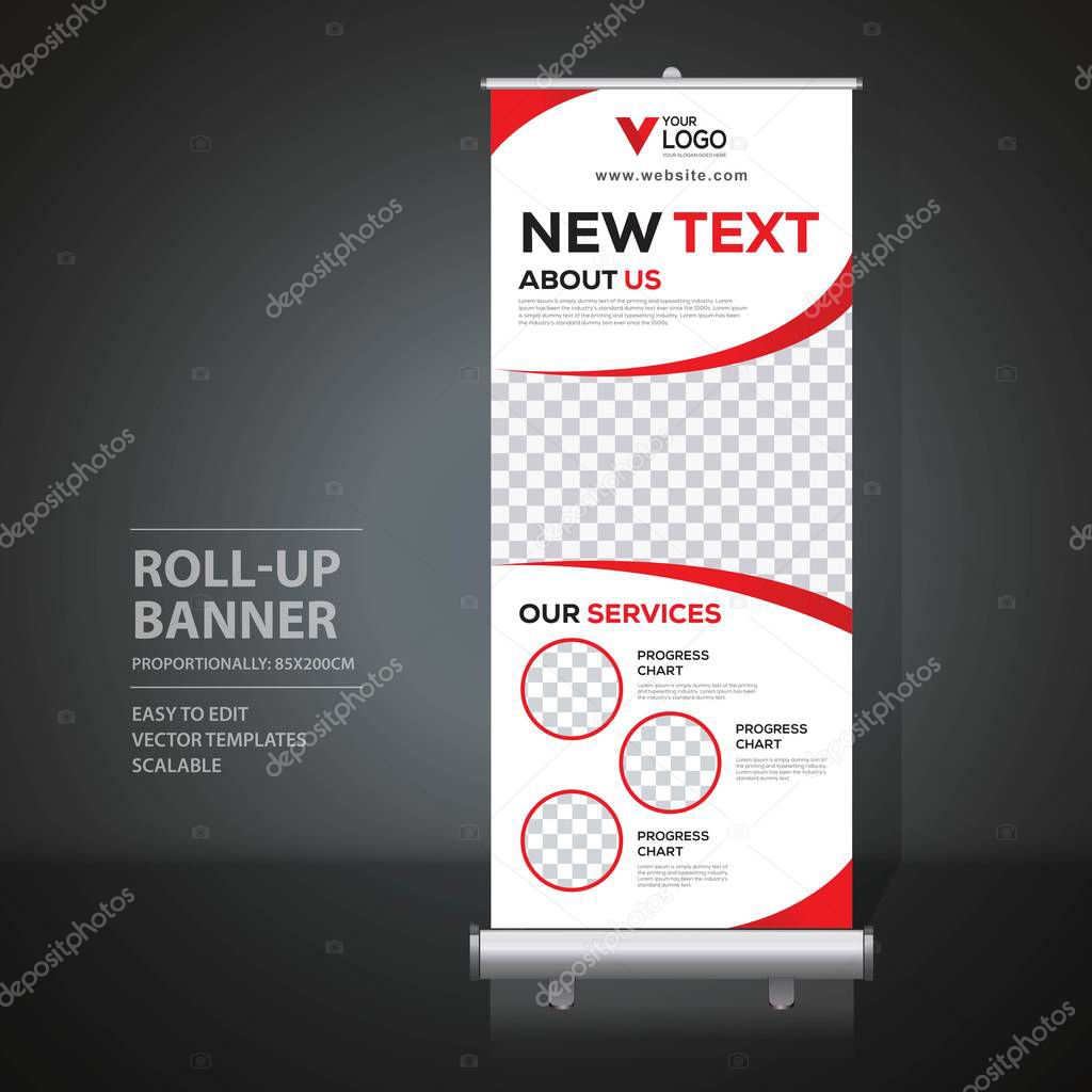 Roll up banner design template, vertical, abstract background, pull up design, modern x-banner, rectangle size. 