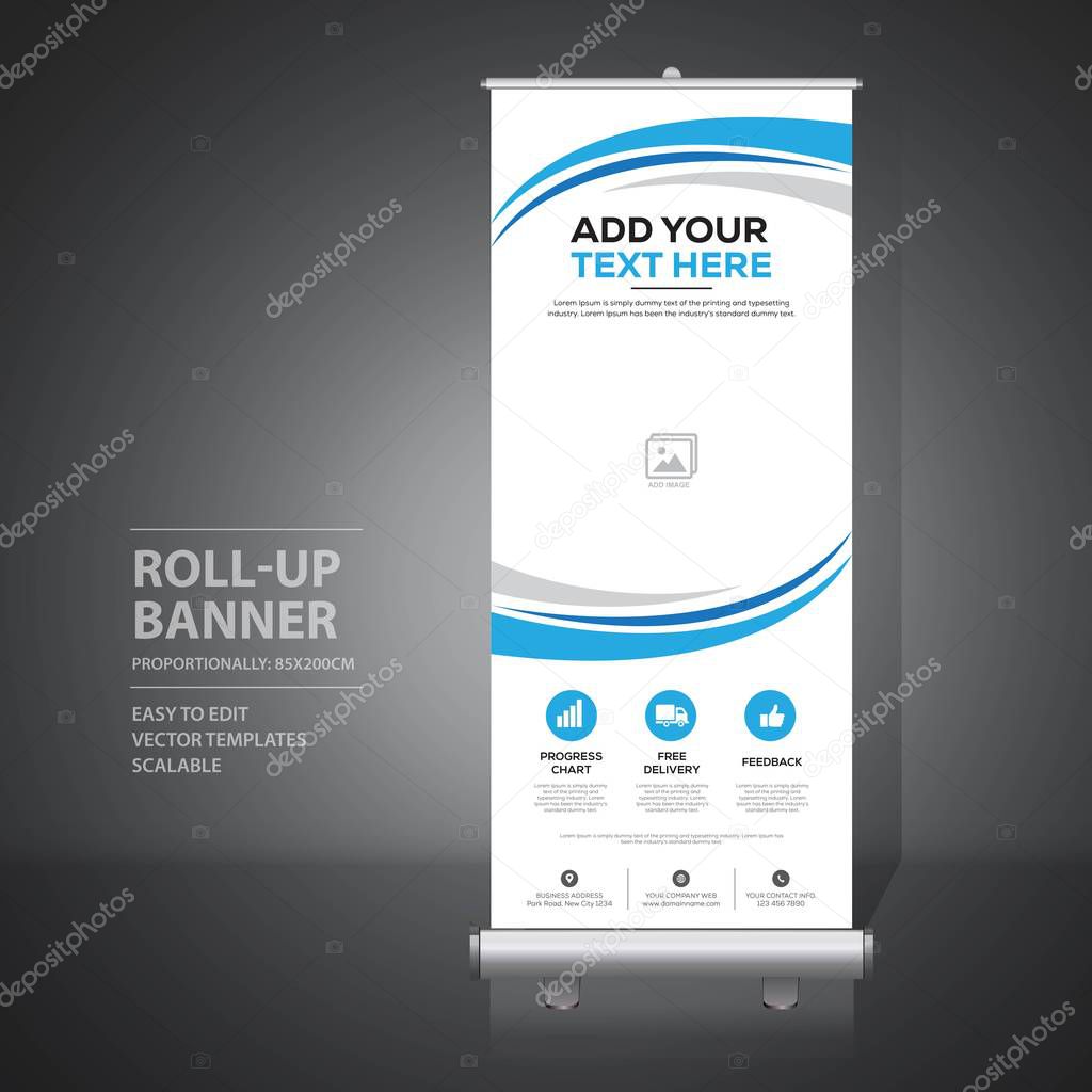 Roll up banner design template, vertical, abstract background, pull up design, modern x-banner, rectangle size. 