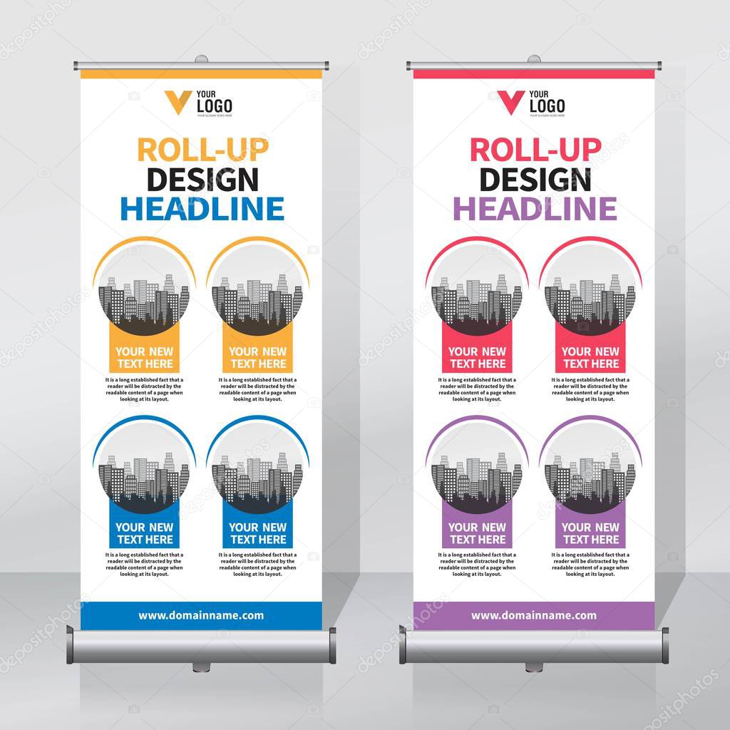 Roll up banner design template, vertical, abstract background, pull up design, modern x-banner, rectangle size. 