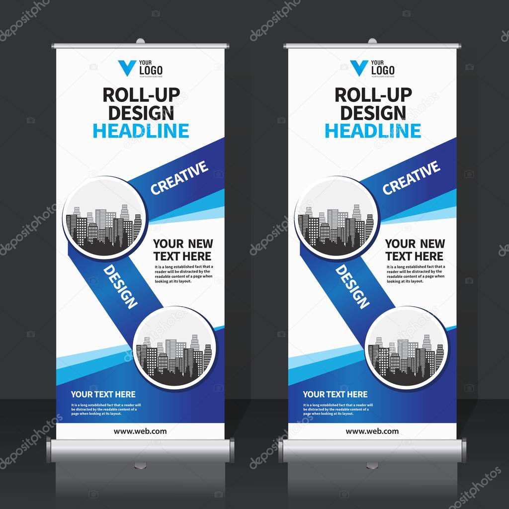 Roll up banner design template, vertical, abstract background, pull up design, modern x-banner, rectangle size. 