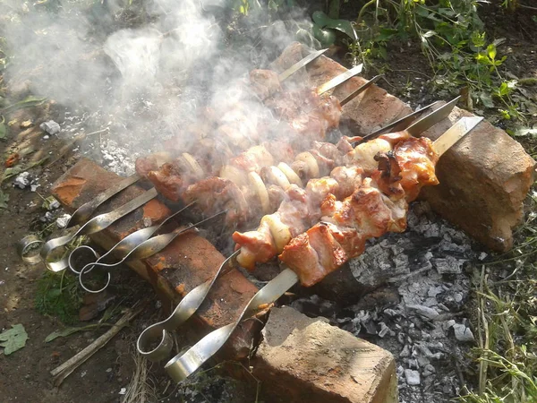 Çok lezzetli şiş kebap yürüyen koşullarda hazırlanan