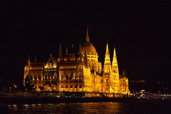 Parlamento Húngaro Por Noche Vista Desde Río Danubio — Foto de Stock