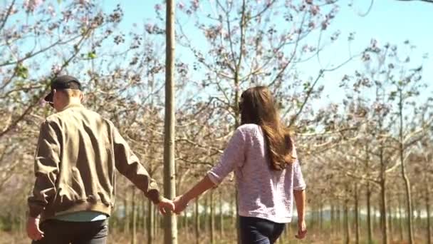 Fiatal pár sétál a rózsaszín virágos kertben — Stock videók
